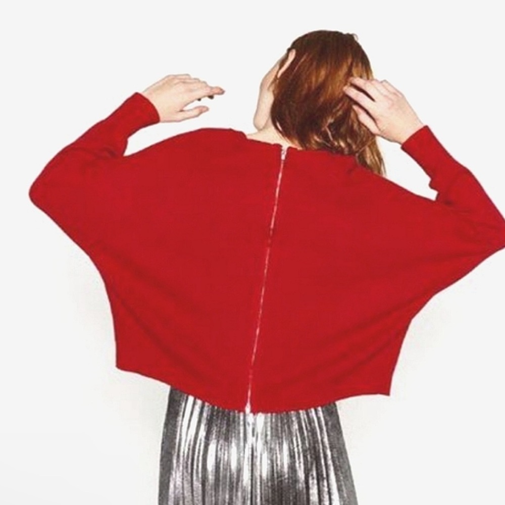 Zara Women's Red Cropped Ribbed Nylon Blend Long Sleeve Sweater S (Back Zip)